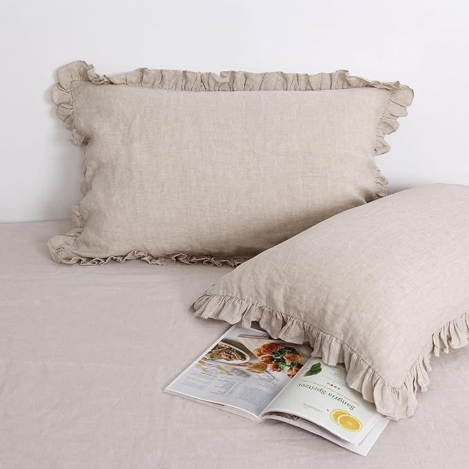 L Linen World Linen Ruffled Pillow Cases,100% French Natural Linen Pillowcase Set of 2,Ruffled Li... | Amazon (US)