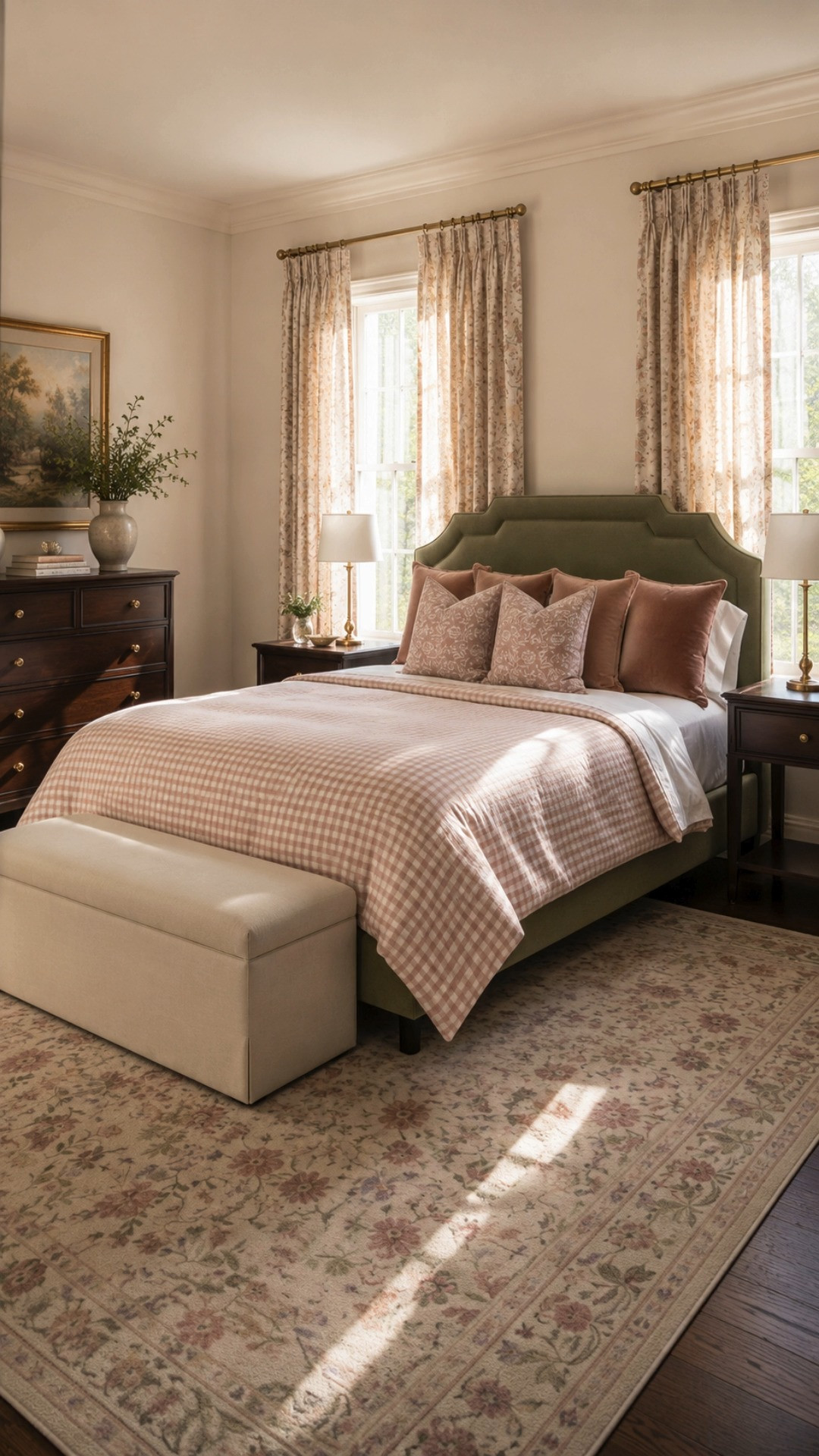 This cozy traditional bedroom combines blush gingham bedding, warm wood furniture, floral drapery, and a soft olive green upholstered bed for a romantic timeless atmosphere. The layered textures, vintage inspired rug, and warm natural lighting create a bedroom that feels collected, comfortable, and effortlessly elegant.

Perfect for:
• cozy cottage bedroom
• traditional bedroom inspiration
• blush pink bedroom decor
• olive green bed frame
• floral curtain bedroom ideas
• layered neutral bedding
• vintage inspired bedroom
• warm traditional interiors
• romantic cozy bedroom
• English countryside decor
• cottage inspired home decor
• elegant layered interiors
• warm luxury bedroom
• floral rug styling
• collected home inspiration
• timeless cozy interiors
• soft romantic decor
• curated bedroom styling
• heritage style interiors
• luxury cozy home ideas

Everything linked in my LTK including the upholstered bed, rug, bedding, curtains, bench, lamps, and decor styling. 

 #LTKHome