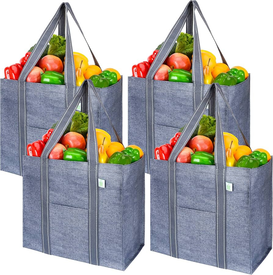 VENO 4 Pack Reusable Grocery Bags w/ Hard Bottom, Heavy-Duty Shopping Bags for Shopping Cart (Gra... | Amazon (US)