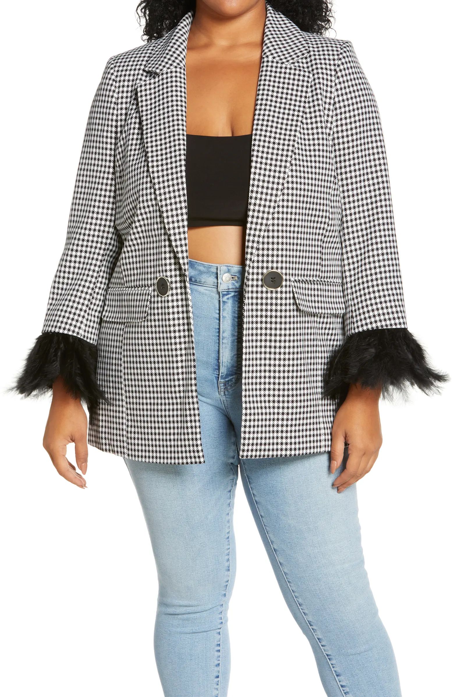 Feather Cuff Check Double Breasted Blazer | Nordstrom