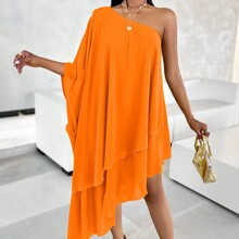Loose OneShoulder Asymmetric Hem Draped Summer Dress | SHEIN