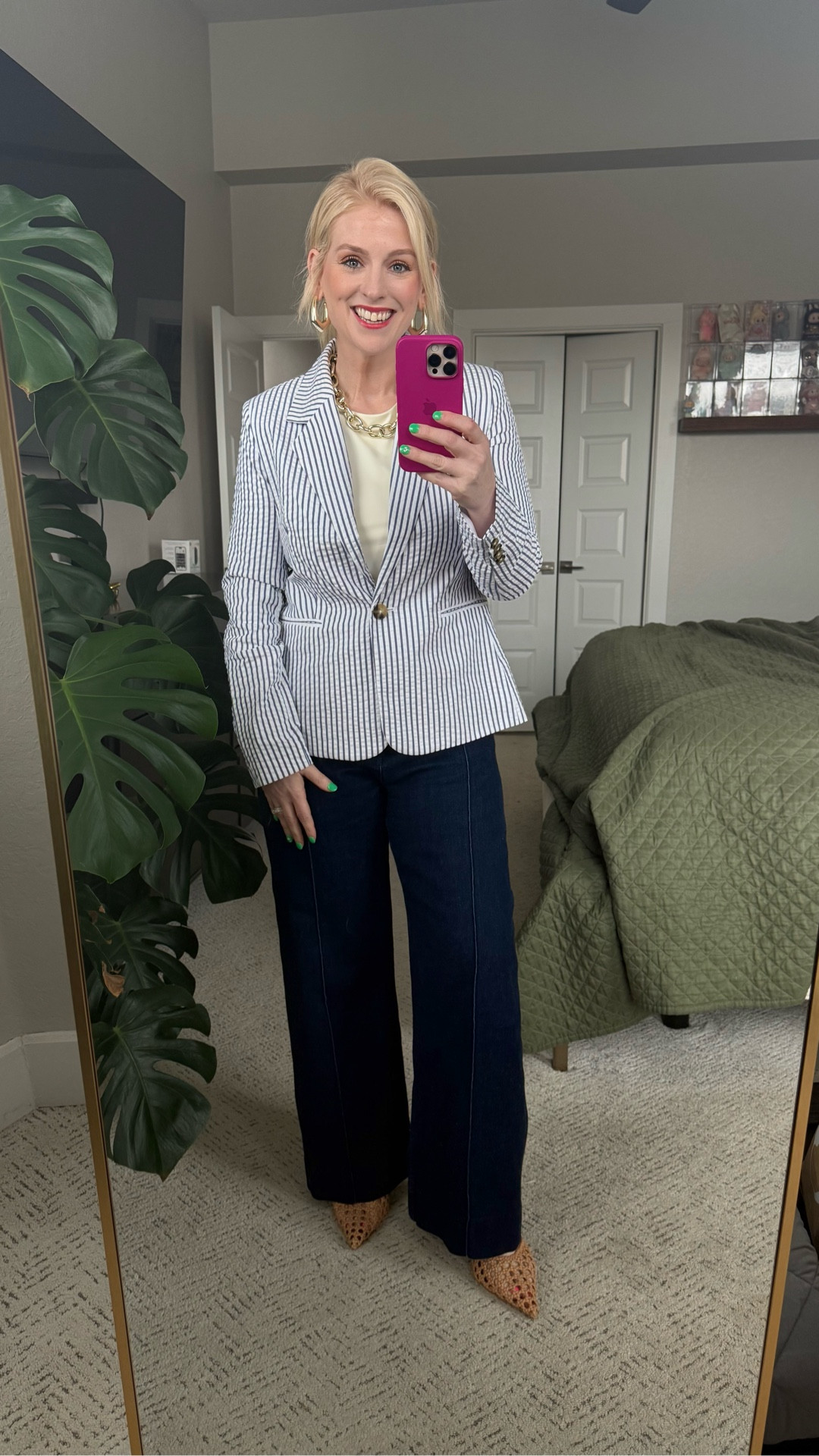 This look is one of my favorite formulas for work right now. A classic cream pinstripe blazer layered over a soft neutral tee, paired with wide leg dark denim to keep it modern and relaxed. Finished it off with a fun heel and chunky gold jewelry. 

#LTKootd #LTKMidsize #LTKWorkwear