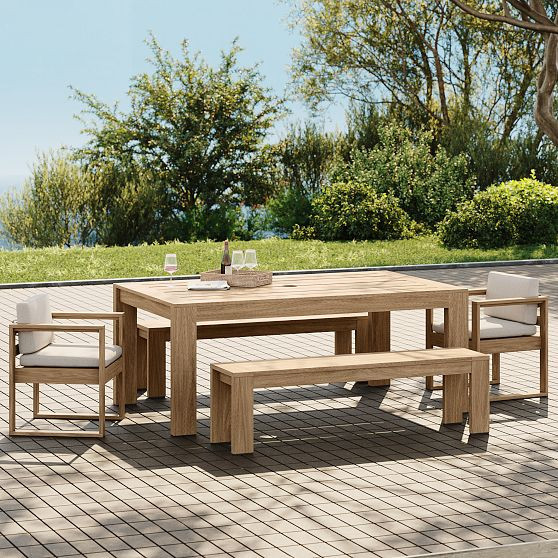 Telluride Dining Table, 2 Benches, 2 Arm Chairs, Reef and Alabaster | West Elm (US)