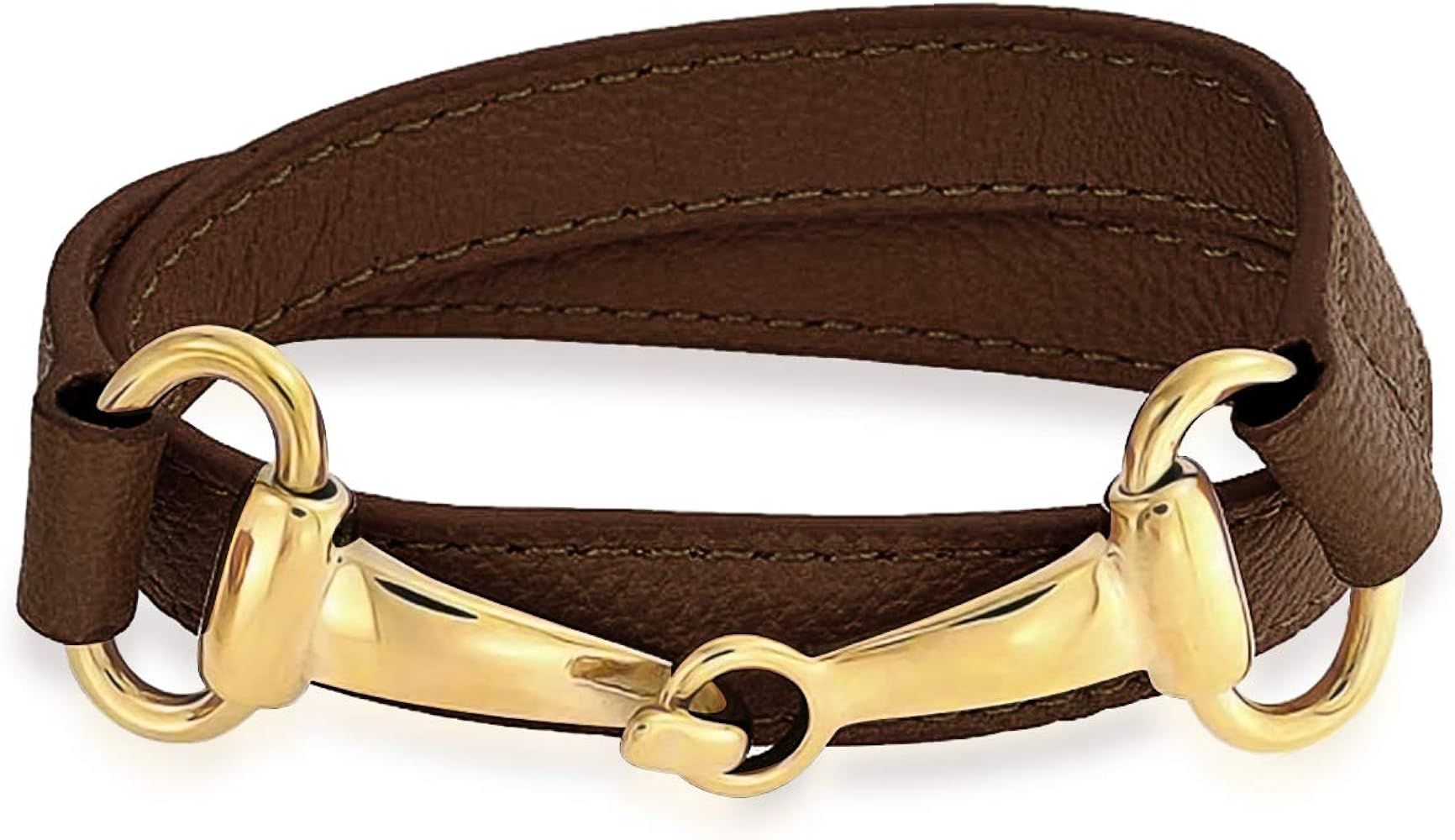 Amazon.com: Bling Jewelry Fashion Brown Genuine Leather Equestrian Snaffle Horse Bit Double Layer... | Amazon (US)
