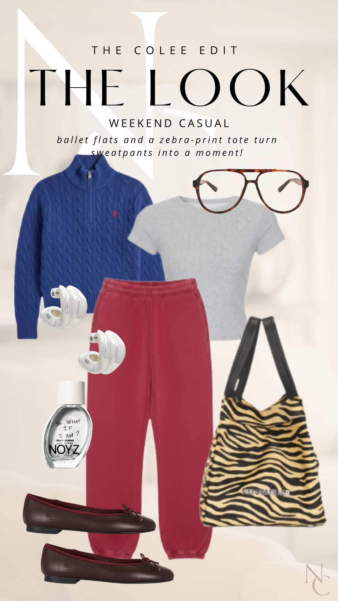 WEEKEND CASUAL ❤️💙
Sweatpants…but make them an outfit. 😉 A cable-knit half zip + baby tee instantly elevates the red sweats, but it’s the ballet flats and zebra tote that take this from “running errands” to “yes, I absolutely planned this.” 😂 Easy weekend dressing with personality. Everything linked! 

 #LTKdayinmylife #LTKgrwm #LTKootd
