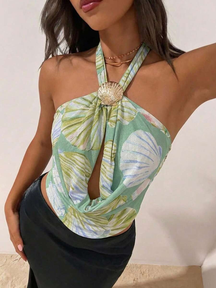 Opulessa Women's Green Summer Boho Beach Holiday Printed Sleeveless Crop Top,Knit Mesh Fabric, Pa... | SHEIN