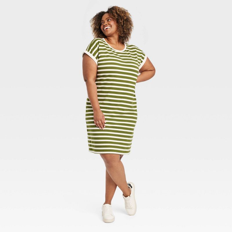 Women's Short Sleeve Knit Mini T-Shirt Dress - Ava & Viv™ Olive Green Striped 2X | Target