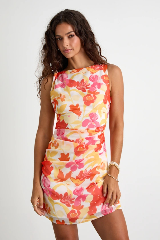 Roanes Orange Floral Boat Neck Pleated Mini Dress | Lulus