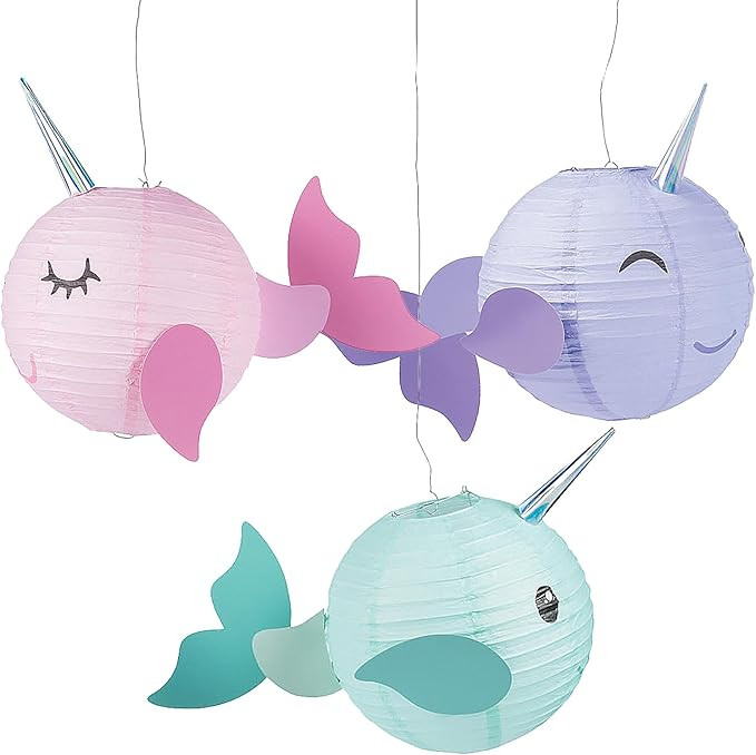Fun Express Narwhal Party Hanging Paper Lanterns (Set of 3) Birthday Party Decor | Amazon (US)