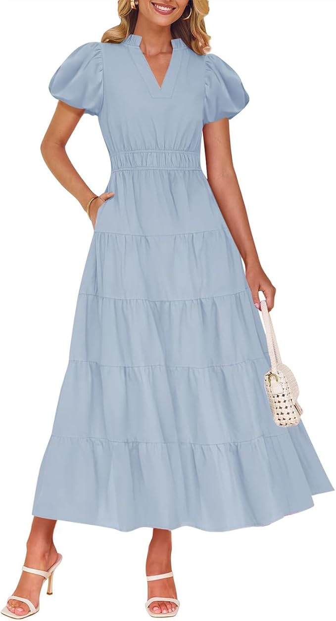 ZESICA Women's Summer Casual Maxi Dress 2025 Puff Short Sleeve V Neck Ruffle Tiered Flowy Boho Be... | Amazon (US)