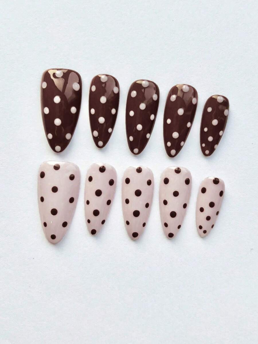 10Pcs Handmade Almond-Shaped Simple Nail Art Adopt The Style Of Polka Dot Manicure. These Nails C... | SHEIN