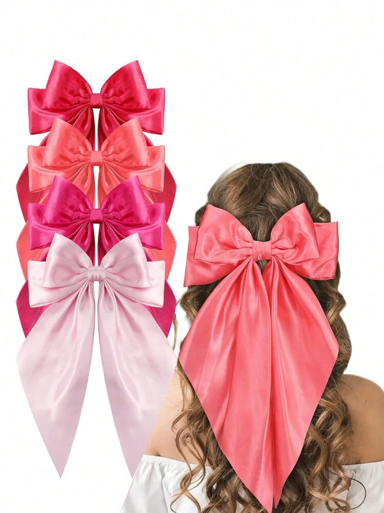 4pcs Large Pink Hair Bow, 4 Bags Of Satin Hair With Bow Hair Clip Hijab, Oversized Long Tail Hair... | SHEIN