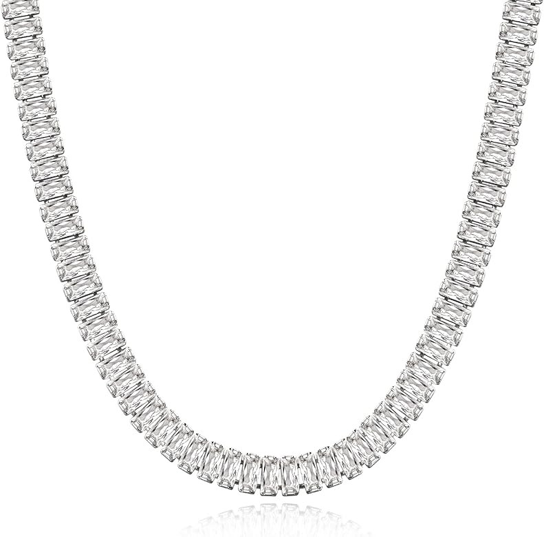 KissYan Diamond Tennis Necklace for Women, 14K/White Gold Plated Cubic Zirconia Baguette Tennis C... | Amazon (US)