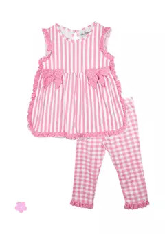 Rare Editions Toddler Girls Striped Top with Side Bow and Check Print Pants | Belk