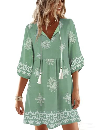 GUNEST Womens Plus Size Dresses Summer Floral Printed Tunic Dress 3/4 Sleeve V Neck Dress GreenF M | Amazon (US)