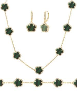 JanKuo Flower 3-Piece 14K Goldplated, Synthetic Emerald &amp; Cubic Zirconia Necklace, Bracelet &... | Saks Fifth Avenue OFF 5TH