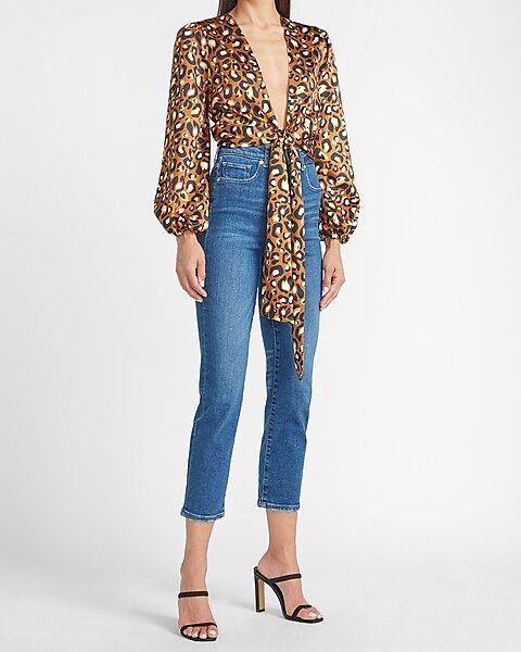 LadyGang Leopard Satin Wrap Front Cropped Top | Express