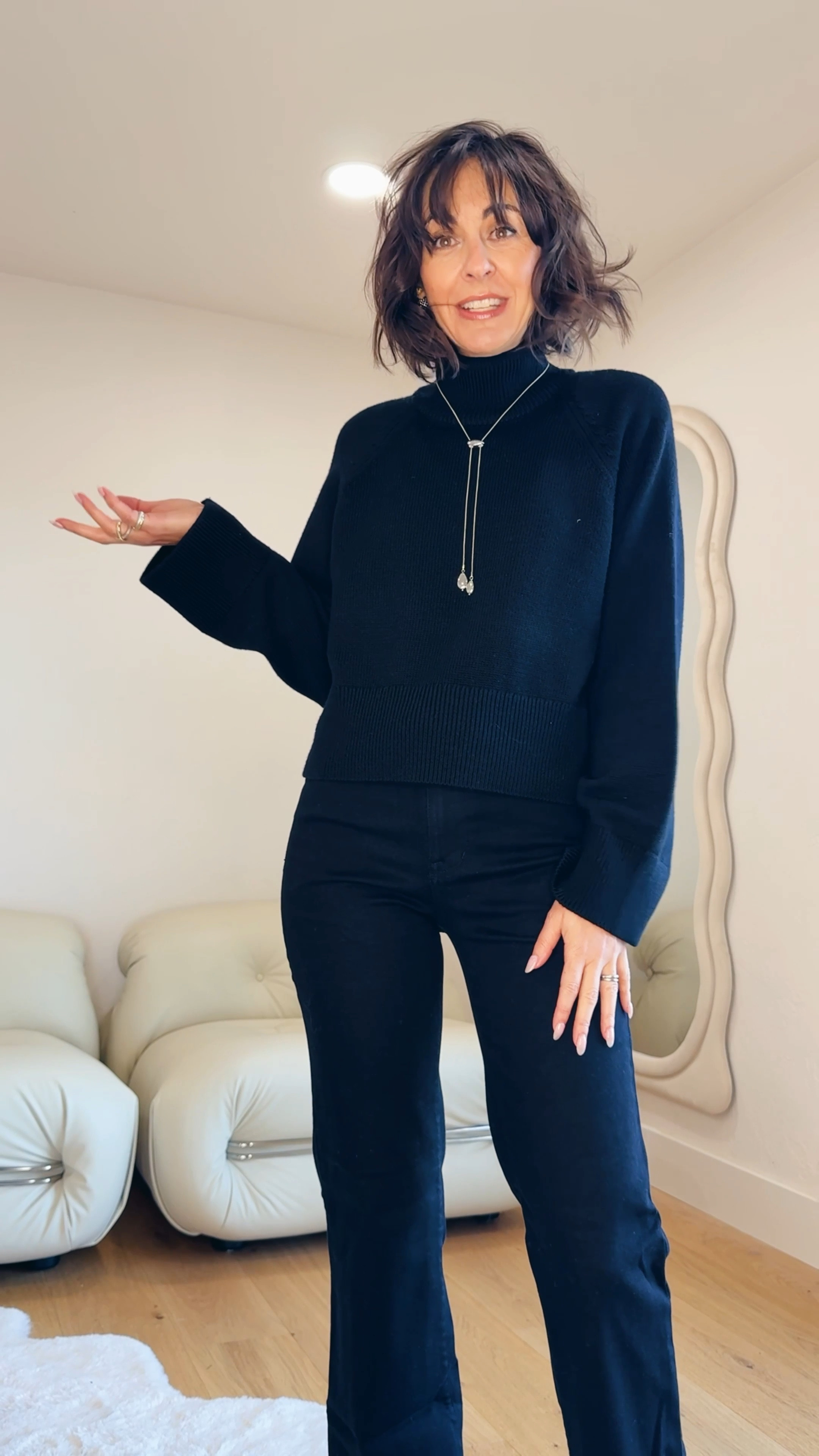 High/Low Haute Mama Look
I am an outfit repeater. I had to tell Black but adding some fun design designer inspired accessories. This wool sweater isn’t it itchy and is the perfect shape with wide leg jeans or a midi skirt. These black jeans, don’t fade, hold you in, and are so flattering. I’m 5’4” and wearing an extra small sweater and size 25 jeans