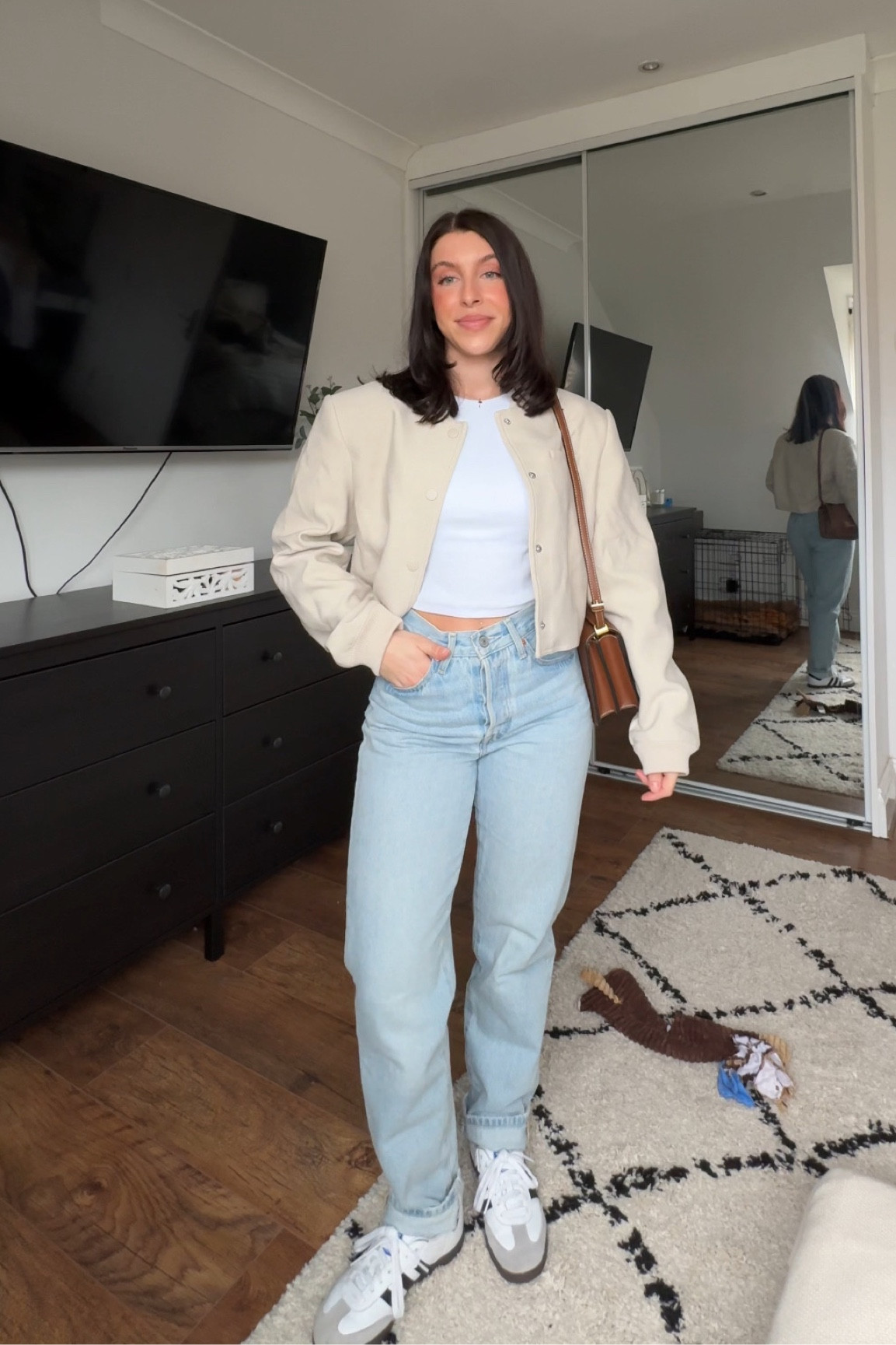 H&M jacket, spring jacket, shoulder pads, neutral outfit, smart casual, adidas sambas, Levi’s 501 jeans, white vest, H&M cross body bag, light blue jeans, denim look 

#LTKstyletip #LTKeurope #LTKSeasonal