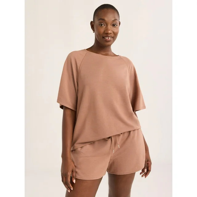 Joyspun Women's French Terry Short Sleeve Top and Shorts Set, 2-Piece, Sizes XS-3X | Walmart (US)