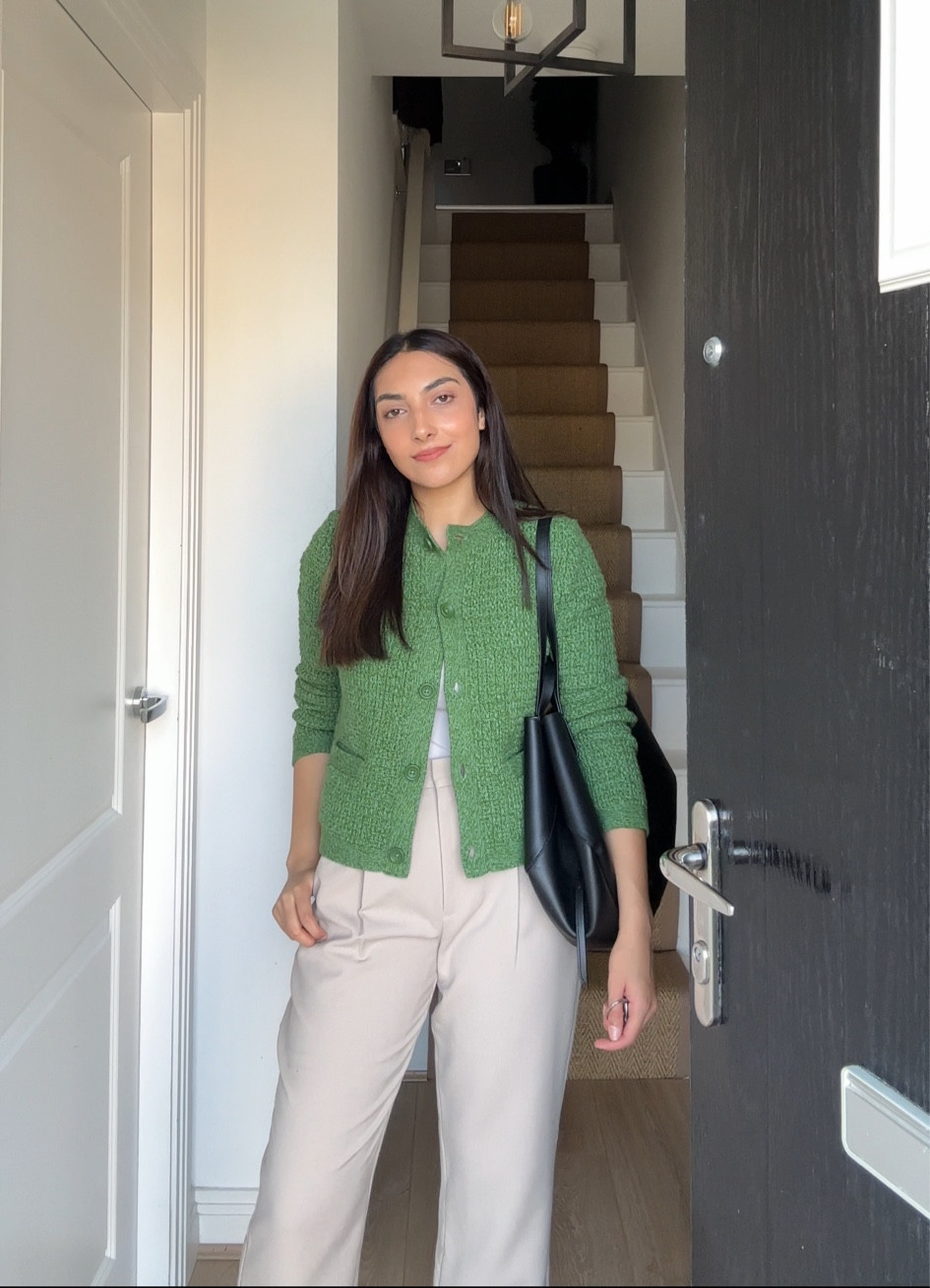 Autumn fashion, transitional weather, cardigan, boxy, structured, buttoned cardigan, green, uniqlo europe, uniqlo new in, abercrombie trousers, sloane tailored trousers, polene cyme bag

#LTKSeasonal #LTKstyletip #LTKfindsunder50