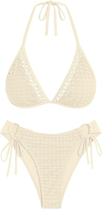 ZAFUL Women's Halter Triangle Bikini Set Crochet Boho Floral Swimsuit Cut Out Tie Side Two Piece ... | Amazon (US)