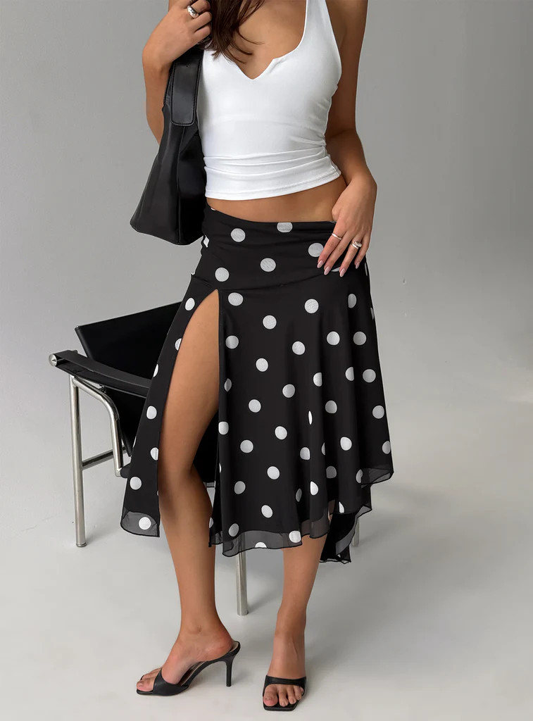 Dulciana High Split Asymmetrical Midi Skirt Black / Polka Dot | Princess Polly US