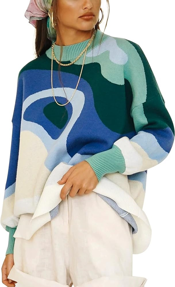 MISSACTIVER Women Casual Knitted Mock Neck Sweater Print Colorblock Long Sleeve Loose Fit Pullove... | Amazon (US)