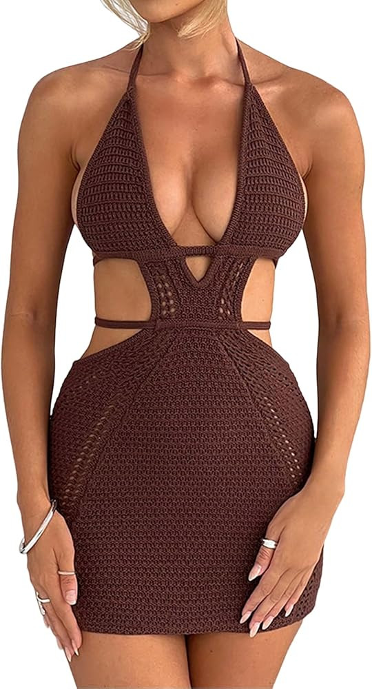 Women's Sexy Halter Hollow Out Knitted Mini Dress Sleeveless Backless Lace Up Bodycon Summer Beac... | Amazon (US)
