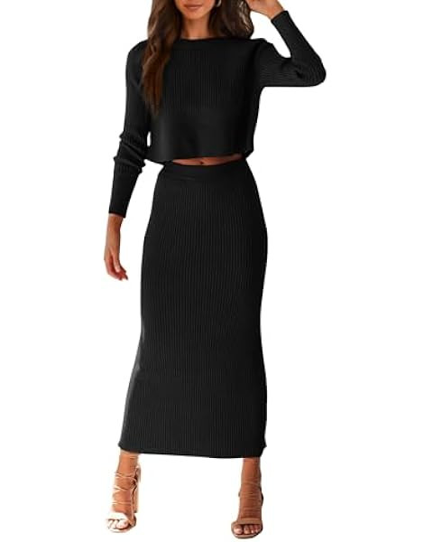 PRETTYGARDEN Women's Fall 2 Piece Sweater Set Rib Knit Long Sleeve Crop Top Maxi Bodycon Skirt Ca... | Amazon (US)