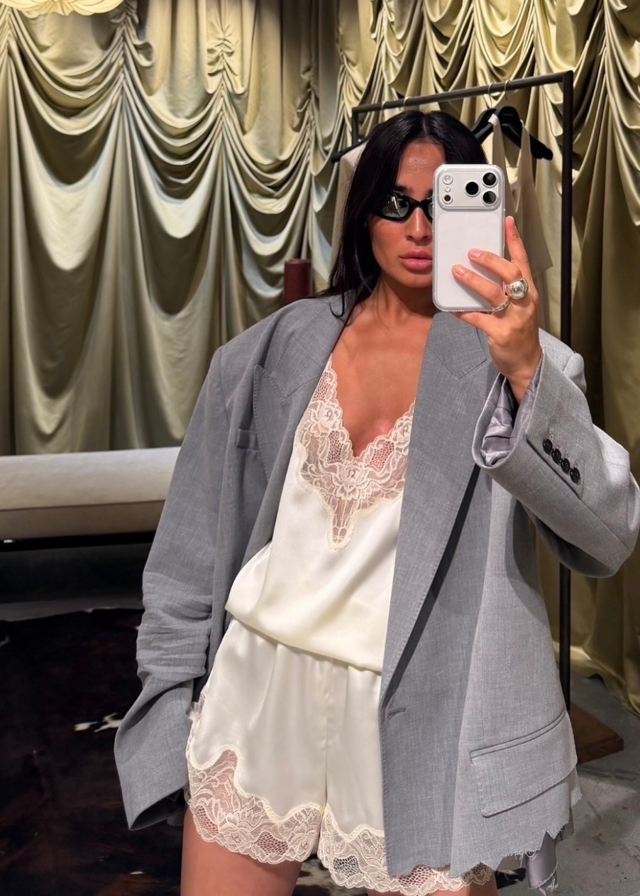 White satin lace short set
Gray blazer

#LTKootd #LTKPetite #LTKBeauty