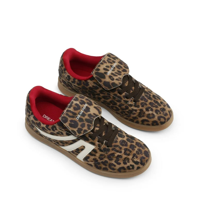 DREAM PAIRS Girls' Leopard Print Sneakers with Hook & Loop Strap and Lace-Up Casual Shoes | Walmart (US)