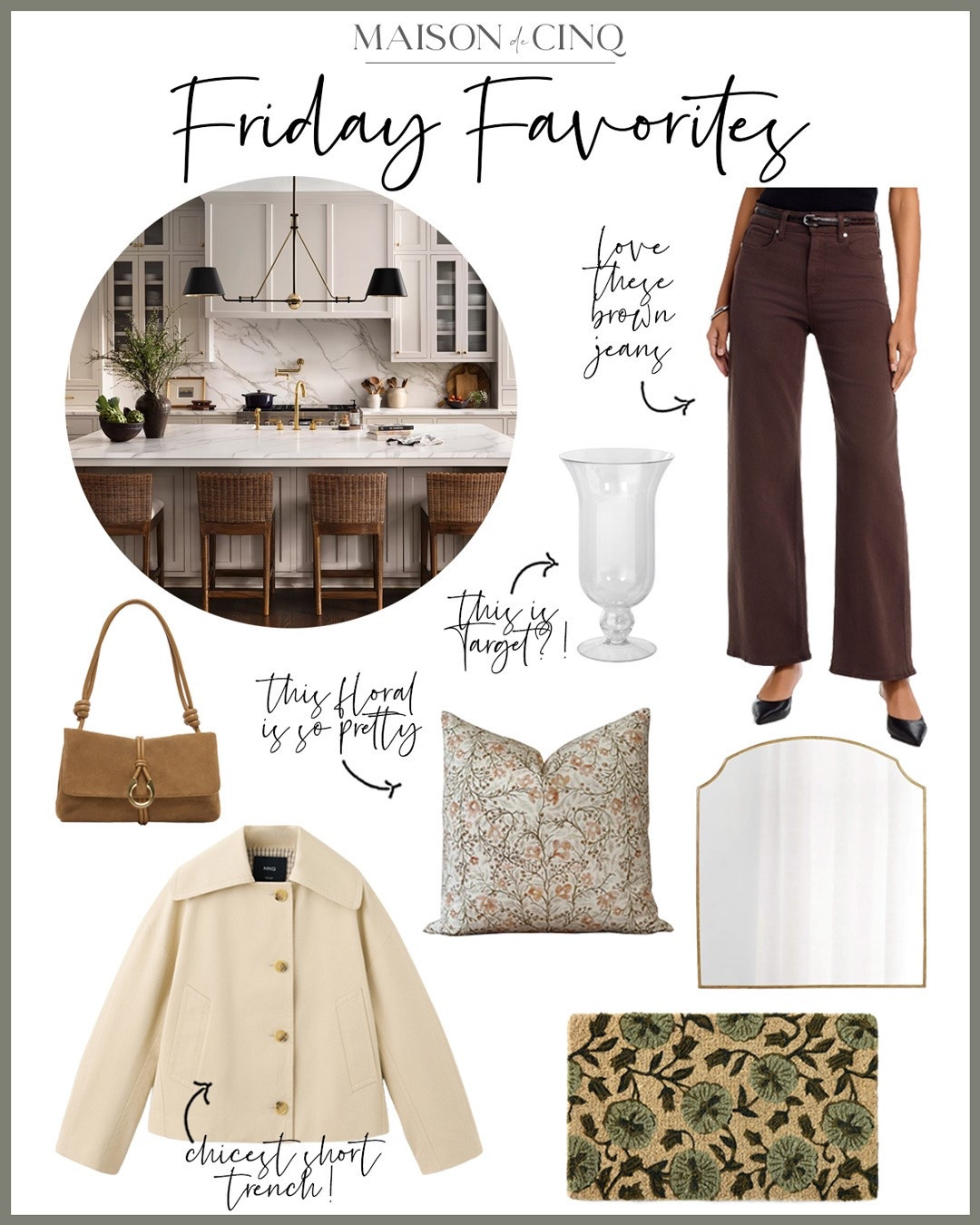 On Friday Favorites this week we’re sharing adorable jackets for fall, the cutest doormat, the prettiest fall pillow, brown jeans on sale (the color of the season!) and much more!

Fall fashion, fall outfit, wide leg jeans, mirror, throw pillow, fall handbag

#LTKSeasonal #LTKHome #LTKSaleAlert