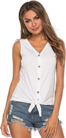 Women's Tie Knot Button Down Shirts Sleeveless Casual Blouse Curved Hemline Tops S-XXL | Amazon (US)