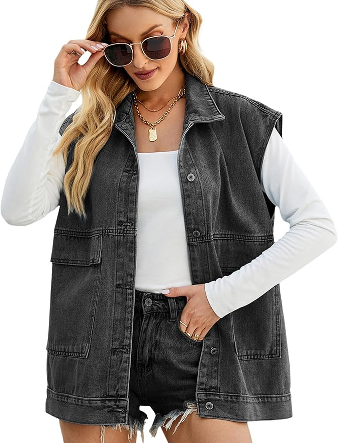 Huaqiao Womens Denim Vest Mid Long Jacket Jean Sleeveless Vest with Pockets | Amazon (US)