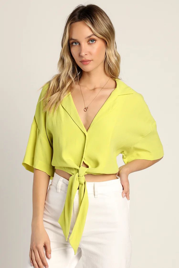 Always Real Lime Green Short Sleeve Tie-Front Top | Lulus (US)