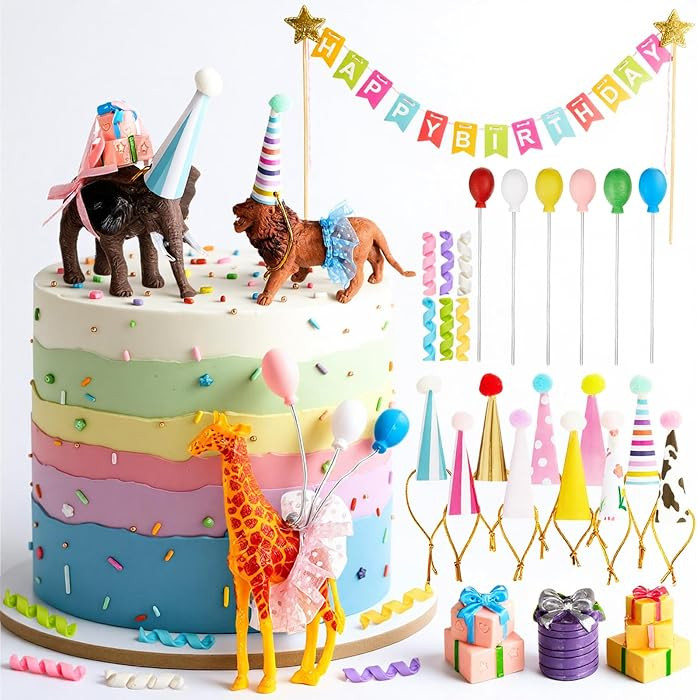 39 Pcs Safari Animal Cake Toppers Party Cake Animal Decorations Jungle Figures with Hats Mini Bal... | Amazon (US)