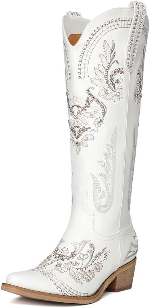Dixhills White Cowboy Boots for Women - Wide Calf Sparkly Cowgirl Boots, Women's Knee High Wester... | Amazon (US)