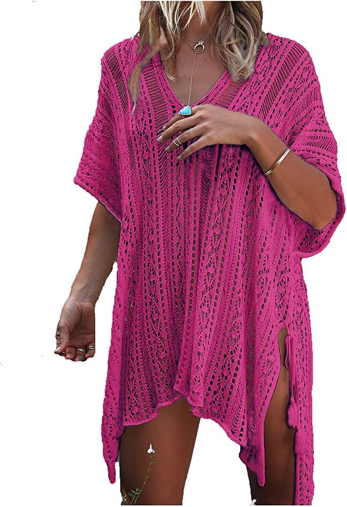 Wander Agio Beach Swimsuit for Women Sleeve Coverups Bikini Cover Up Net Slit Rose Red,OneSize at... | Amazon (US)