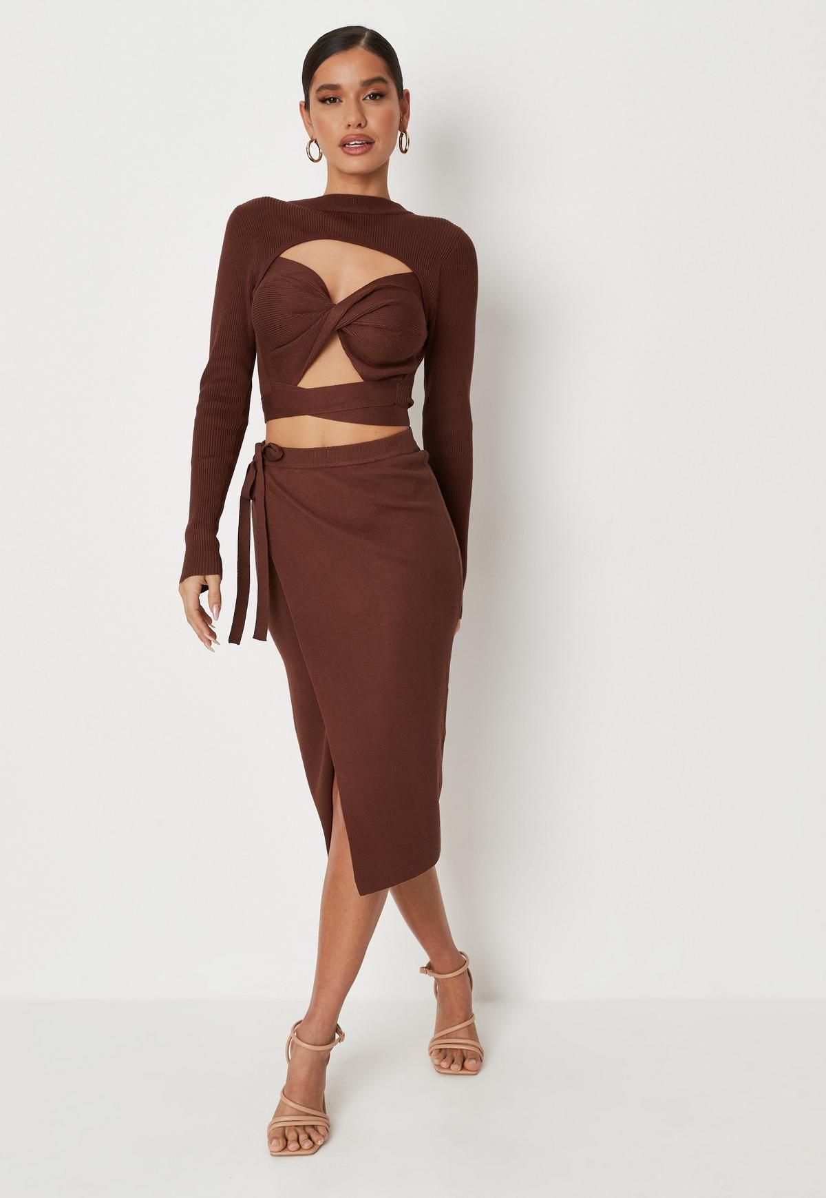 Missguided - Tall Chocolate Wrap Front Tie Knit Midi Skirt | Missguided (UK & IE)