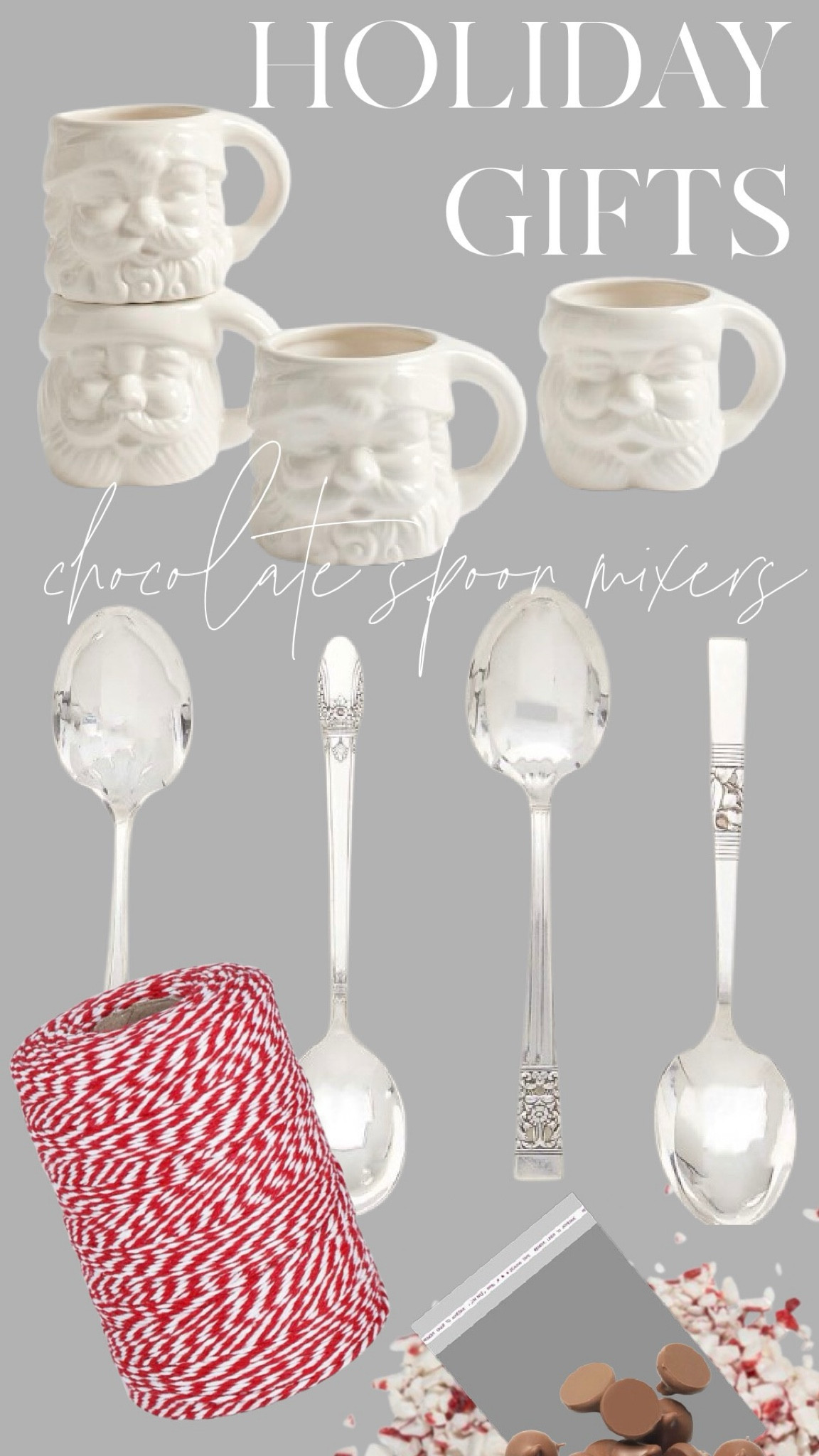 Make DIY coffee mug mixers by coating vintage silverplate spoons in chocolate and festive toppings! Once dipped, wrap the spoons in clear bags and tie with twine. Pair them with white Santa mugs for a cozy, handmade Christmas gift. Perfect for stirring into hot cocoa or coffee for an extra sweet treat! #LTKholiday #DIYgifts #ChristmasDIY #GiftIdeas #LTKhome

#LTKSeasonal #LTKParties #LTKFindsUnder50