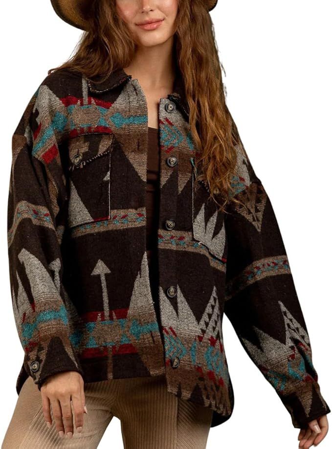 chouyatou Women's Western Aztec Print Jacket Long Sleeve Button Down Thick Wool Trucker Jacket | Amazon (US)