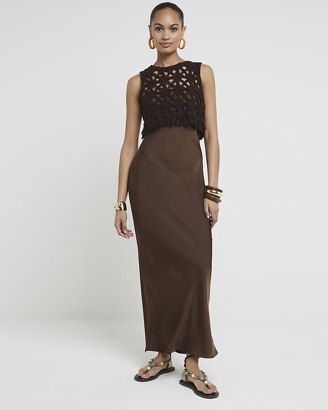 Brown Crochet Vest And Slip Maxi Dress | River Island (UK & IE)