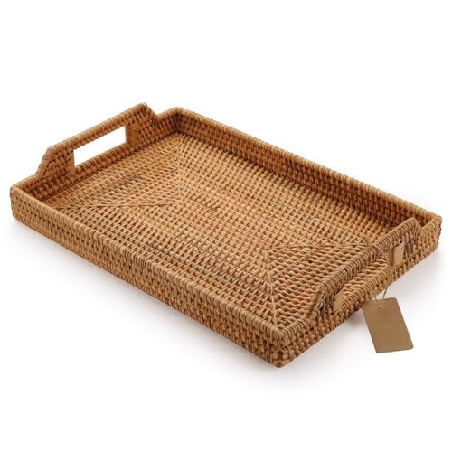 Hand-Woven Rattan Rectangular Serving Tray with Handles for Breakfast, Drinks, Snack for Coffee Table (14.5x10.2x1.4inches) | Amazon (US)