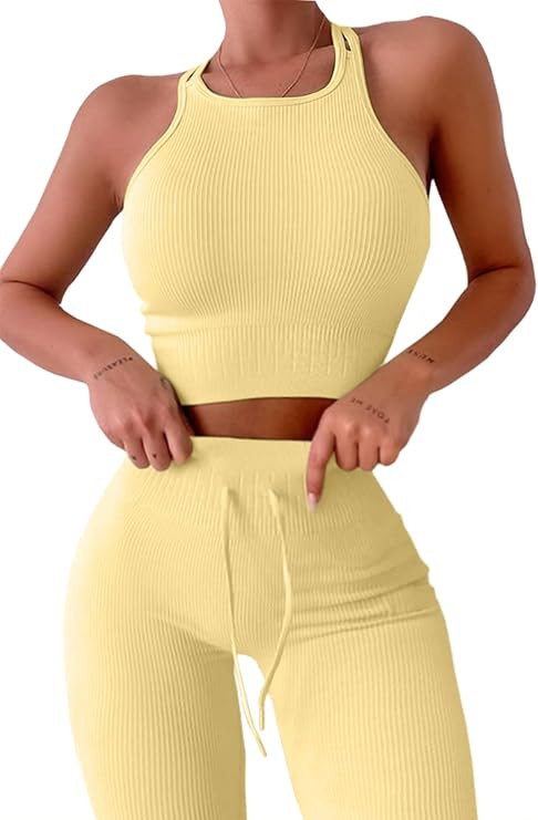 QINSEN Seamless Workout Outfits for Women 2 Piece Ribbed Crop Tank High Waist Yoga Leggings Sets | Amazon (US)