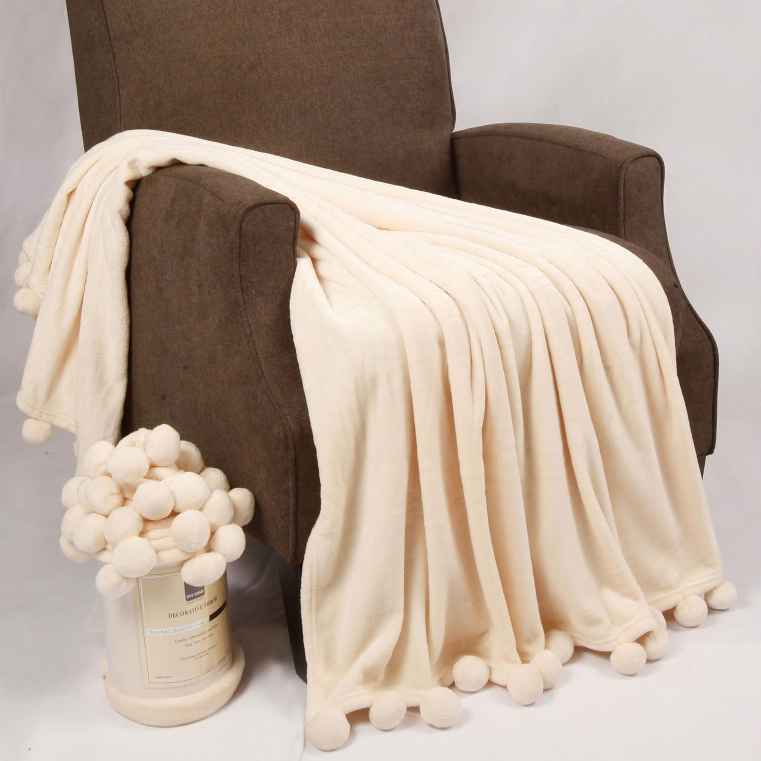 Home Soft Things Pompom Bed Couch Throw Blankets, 50" x 60", Antique White | Amazon (US)