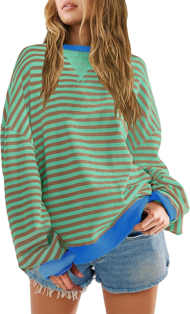 SENSERISE Womens Oversized Classic Striped Crewneck Sweatshirts Long Sleeve Color Block Shirts Ca... | Amazon (US)