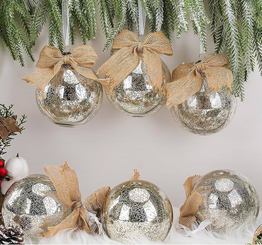 6 Sets Christmas Large Mercury Glass Ornaments with Jute Bow Antique Silver Finish Glass Ball Vin... | Amazon (US)