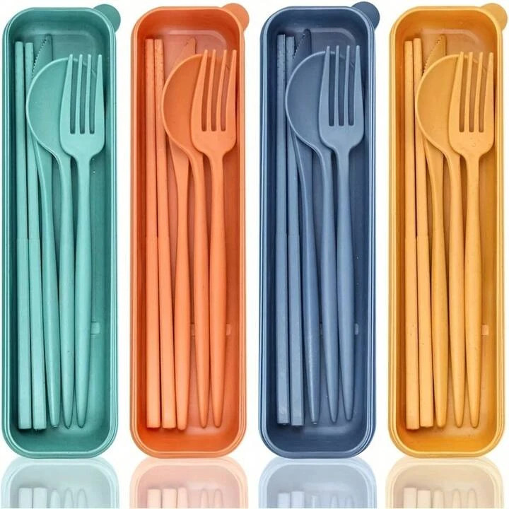 4pcs Wheat Straw Portable Cutlery Set, Including Chopsticks, Knife, Fork And Spoon, Suitable For Lunch Box Accessories, Everyday Or Outdoor Camping Dining,School Supplies | SHEIN
