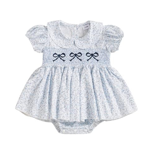 Sasaerucure Summer Clothes Newborn Baby Girl Romper Dress Bow Embroidery Peter Pan Collar Short Sleeve Bodysuit Top (Blue, 3-6 Months) | Amazon (US)